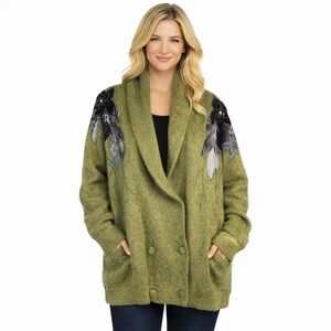 Cervelle Mohair Blend Cardigan Beaded Floral Applique Green Sweater Size L NEW